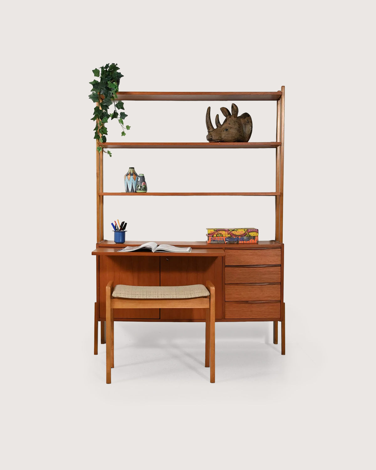 Libreria scandinava in teak con scrivania estraibile