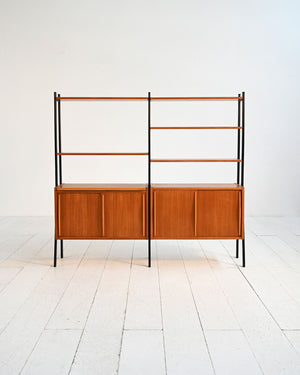Libreria doppia scandinava in teak con montanti neri, anni ’60 1