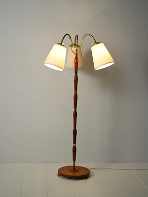 Lampada da terra scandinava a tre bracci in teak e ottone, anni 40–50 1