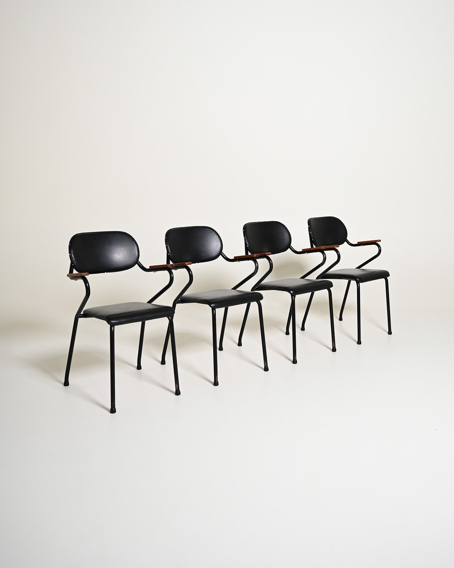 Set di 4 sedie in pelle e metallo, con inserti in legno, anni '50