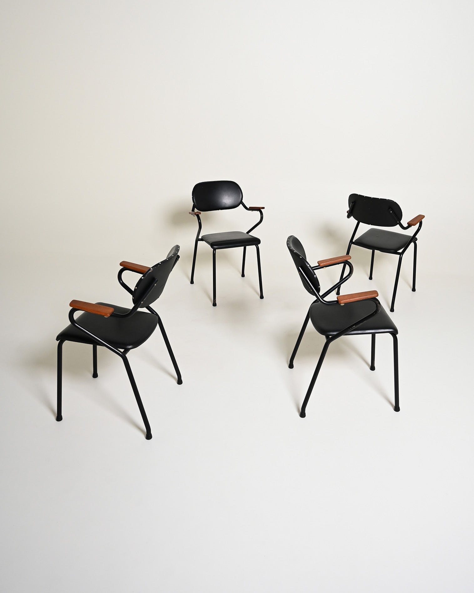 Set di 4 sedie in pelle e metallo, con inserti in legno, anni '50