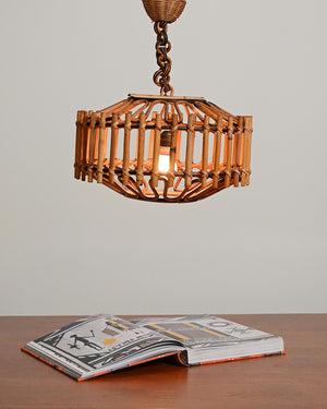 Lampada da soffitto in bambú e rattan intrecciato, anni '70
